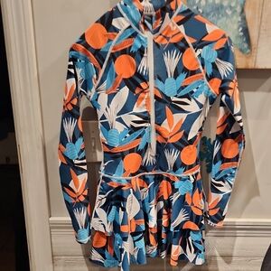 Li Women's Long Sleeve Floral Rash Guard Swim Dress in Blue & Orange Sz XS